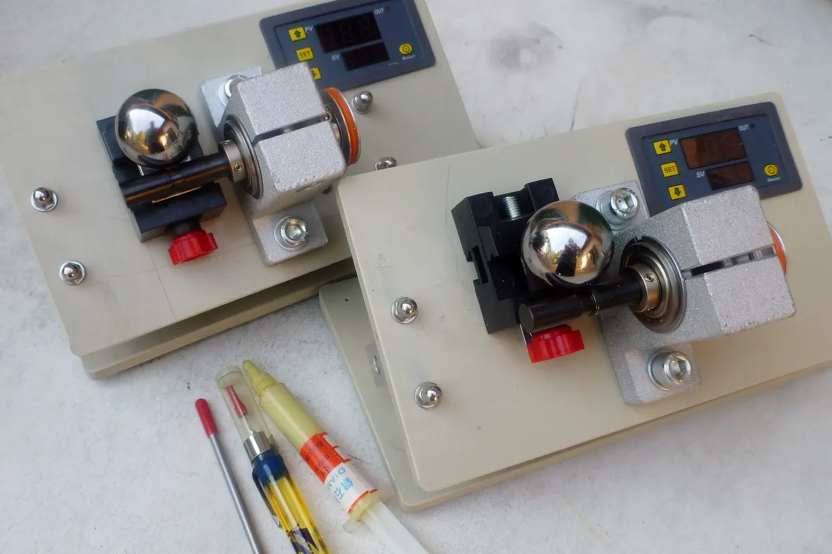 Two CALO testers for measuring coating thickness
