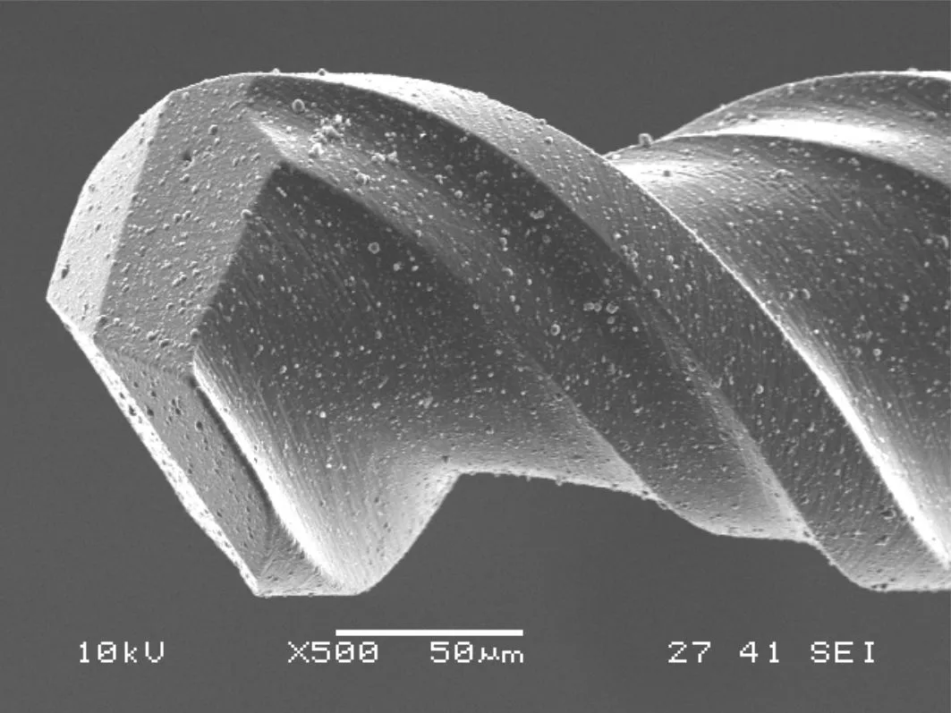 Electron microscope image of a DLC-coated micro drill
